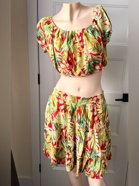 Forever 21 Yellow Tropical Print Tiered Skirt